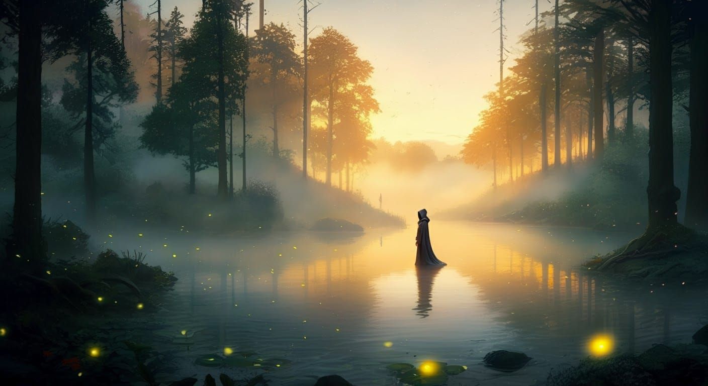 Enchanting Sorceress at Misty Lake in Golden Light