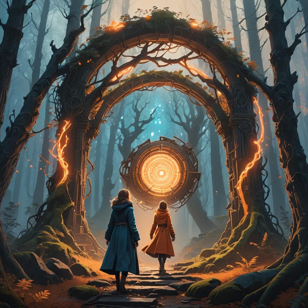 Woman Steps Through Magic Portal in Mystical Forest