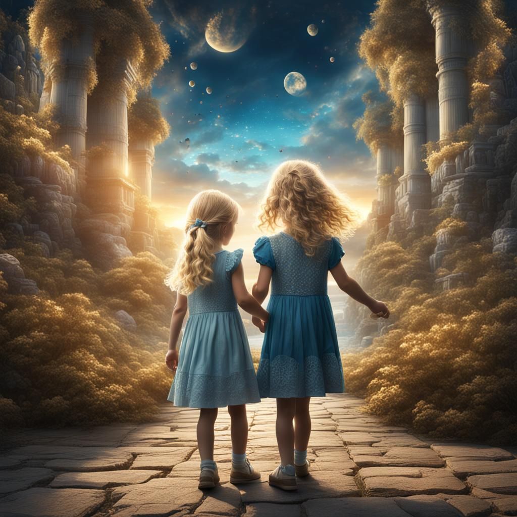 Blond Sisters Holding Hands: Detailed Digital Painting