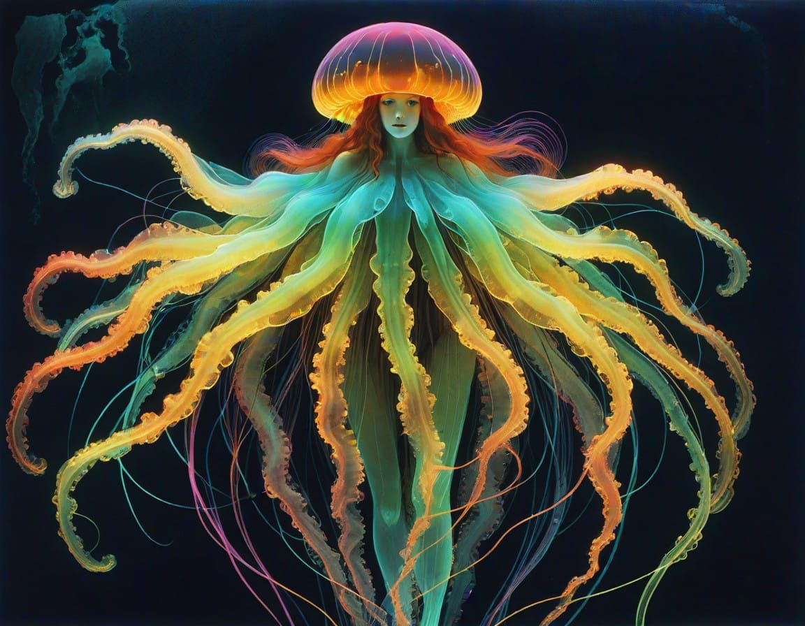 Vibrant Bioluminescent Woman in Geometric Autochrome Style