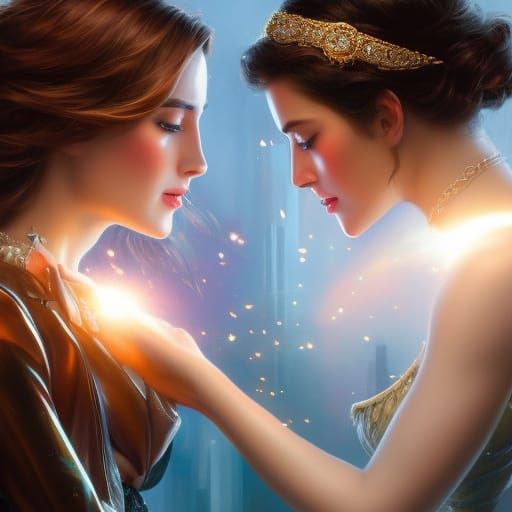 Two Girls Kissing: Hyperdetailed Digital Art Portrait