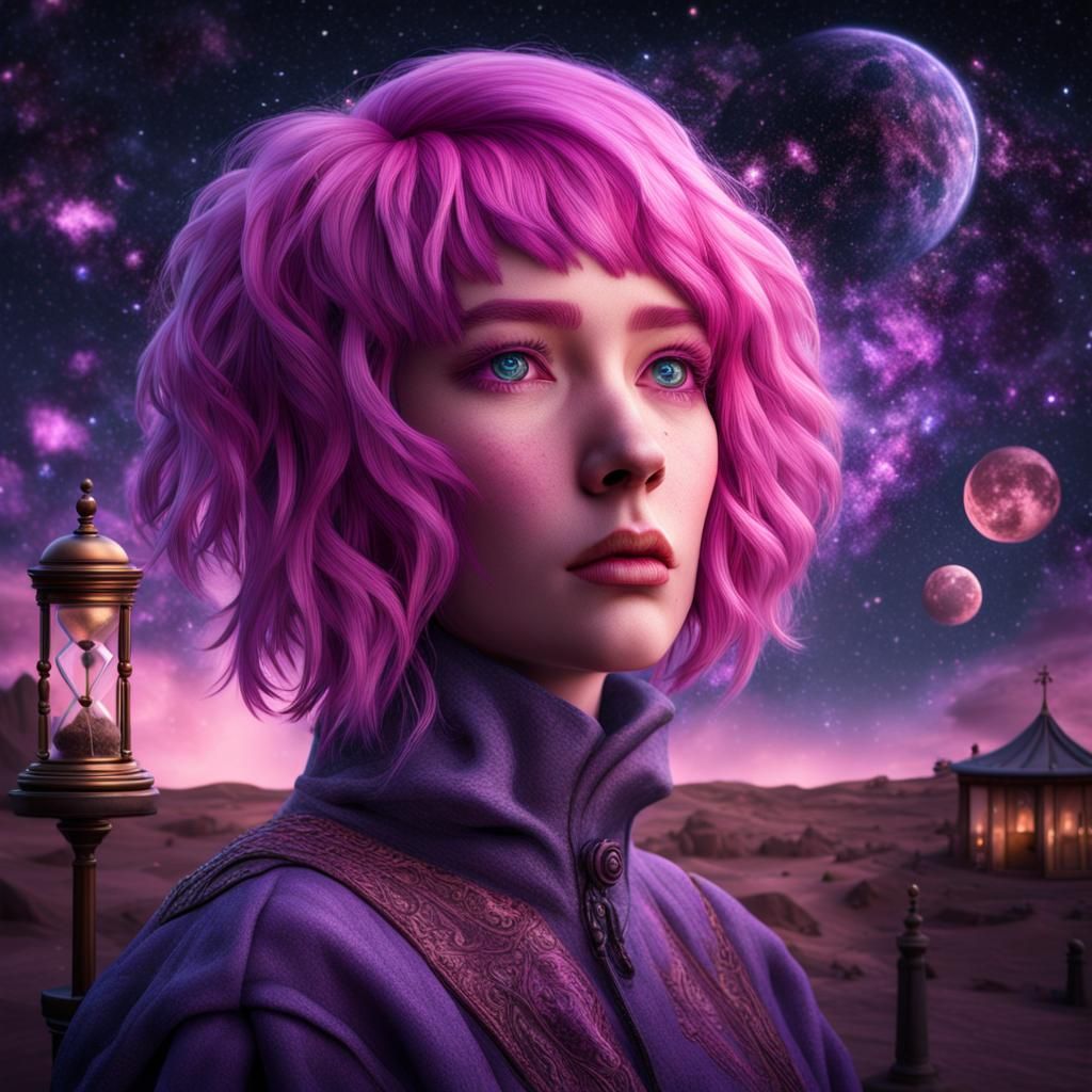 Pink-Haired Woman Watching Stars in HDR