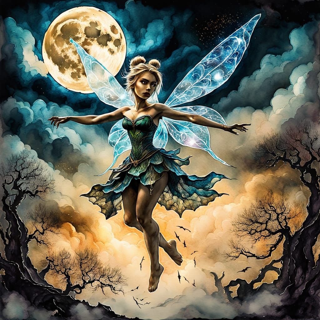 Majestic Storm Tinkerbell with Bat Wings in Dark Fantasy Lan...