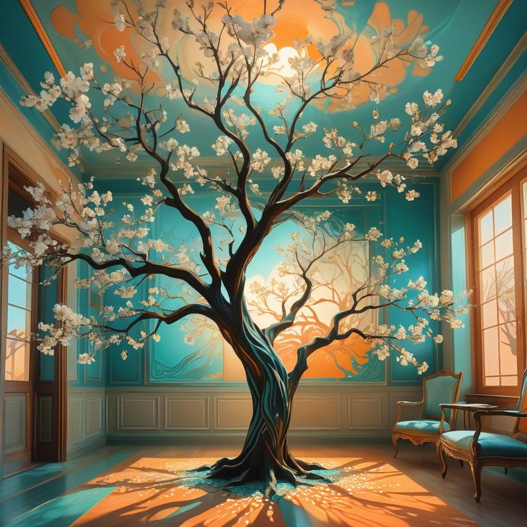 Dreamlike Almond Tree Blooms Indoors: Surreal Oil Painting