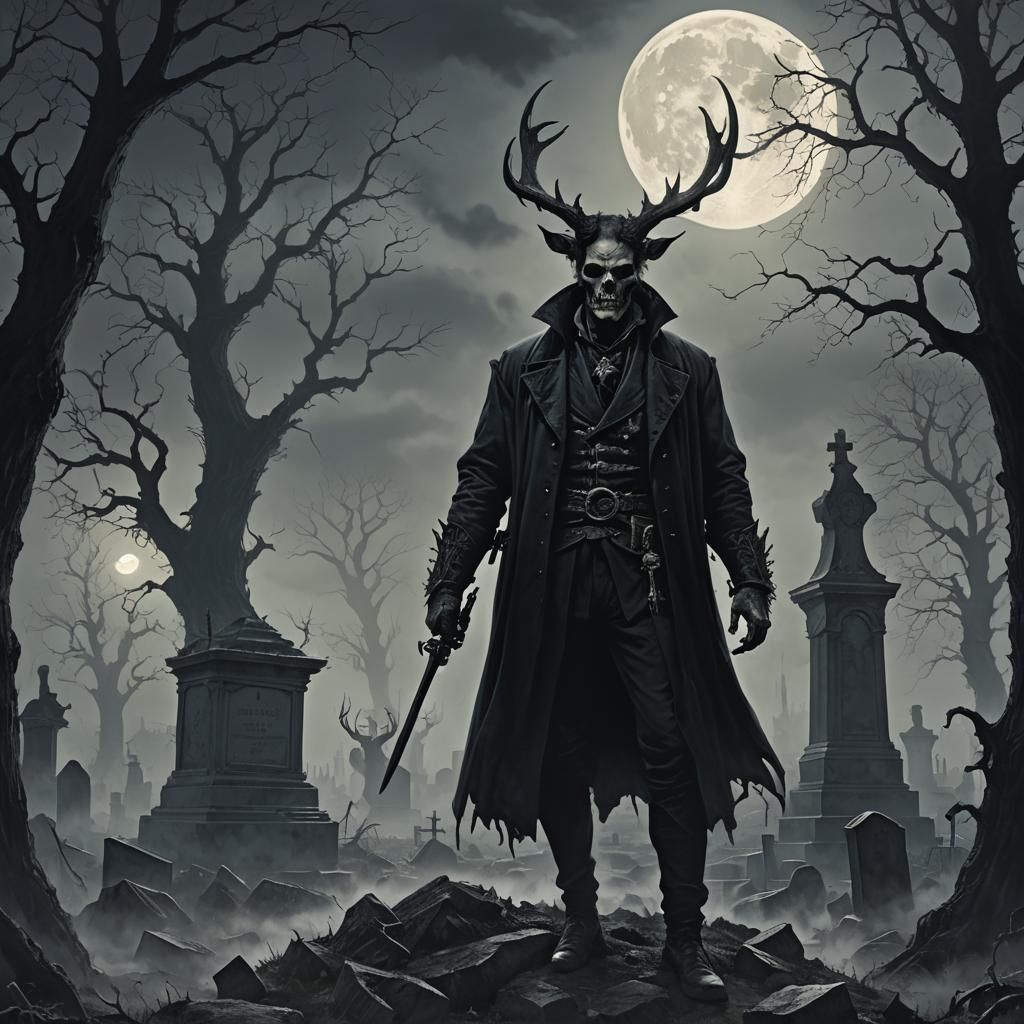 Eerie Gothic Portrait with Antlers in Graveyard