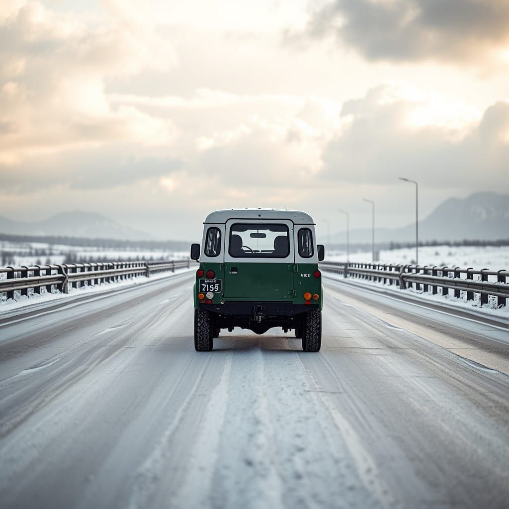 Winter Landscape with Solitary Land Rover