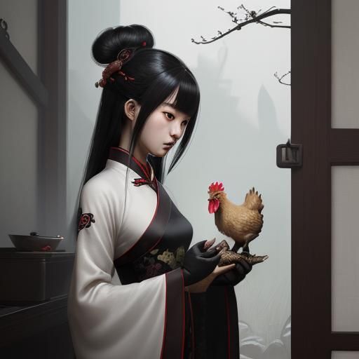 Mysterious Girl with Chicken in Sinister Style