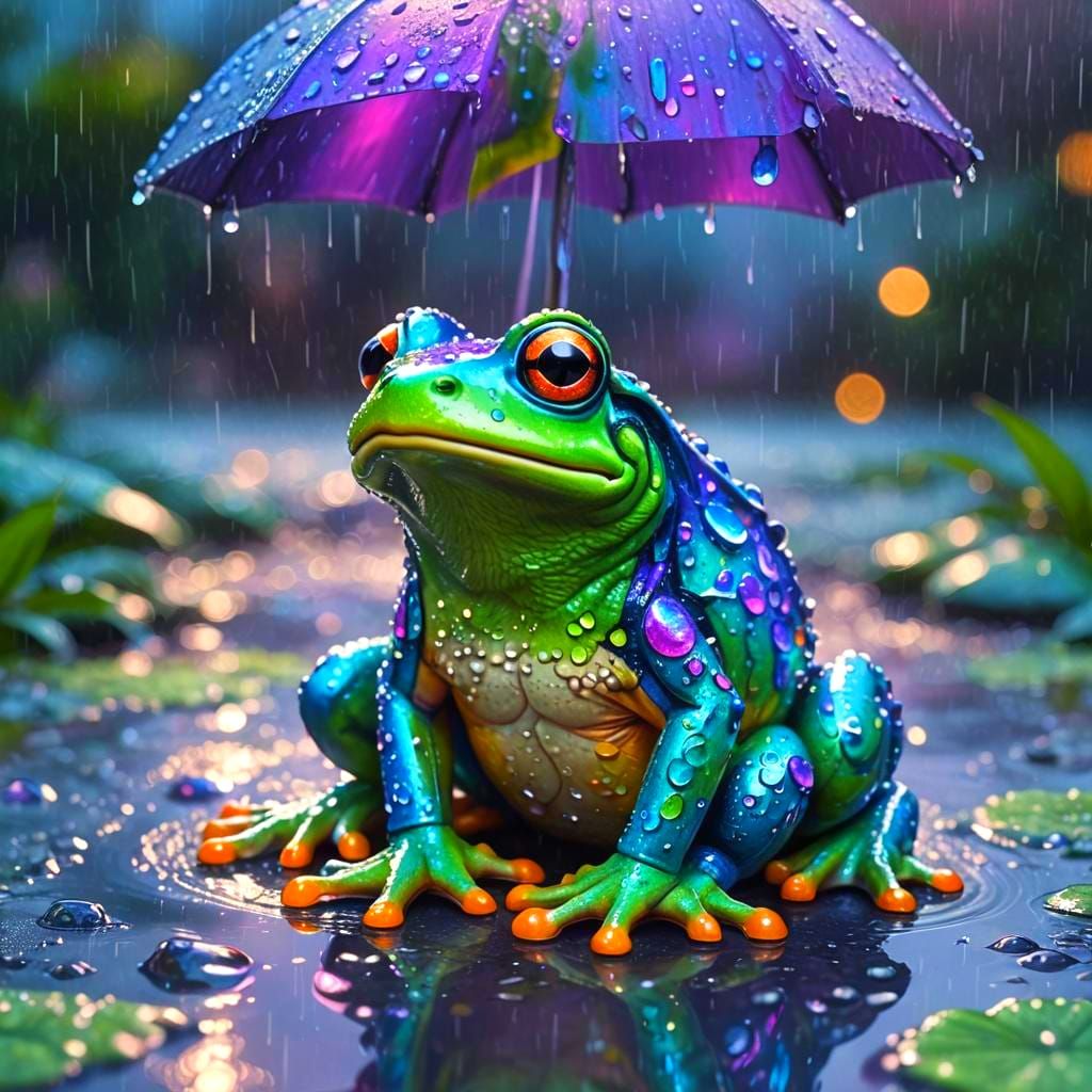 Lisa Frank Frog in Rainy Fantasy Art