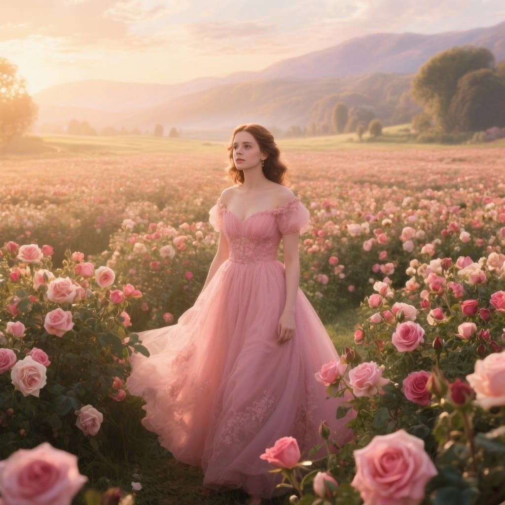 Anna Kendrick in Rose Dress Amidst Blooming Roses