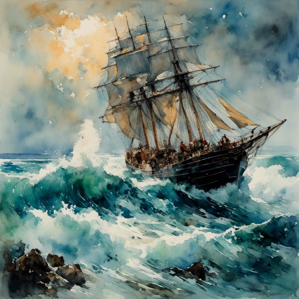 Romantic Windswept Couple Sailing, in Gouache Watercolor