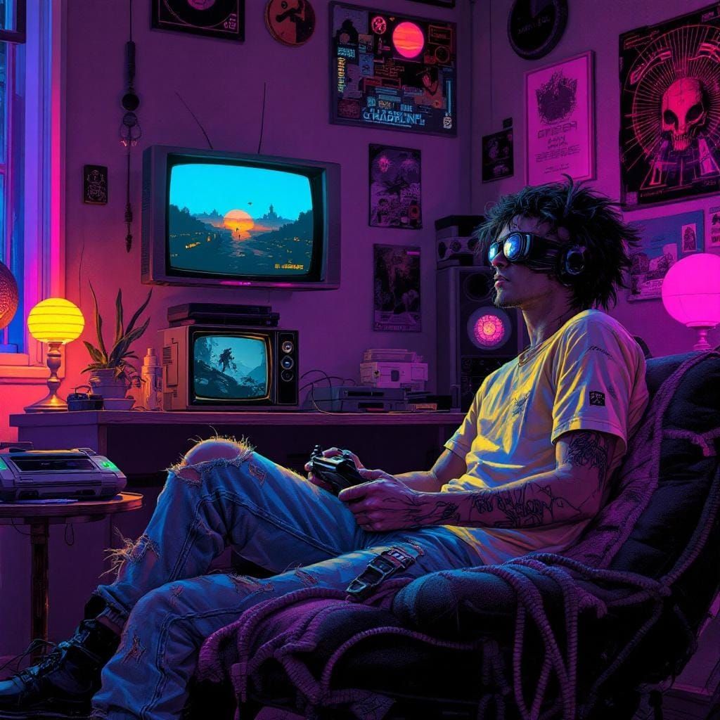 Synthwave Gamer in Retro-Futuristic Room