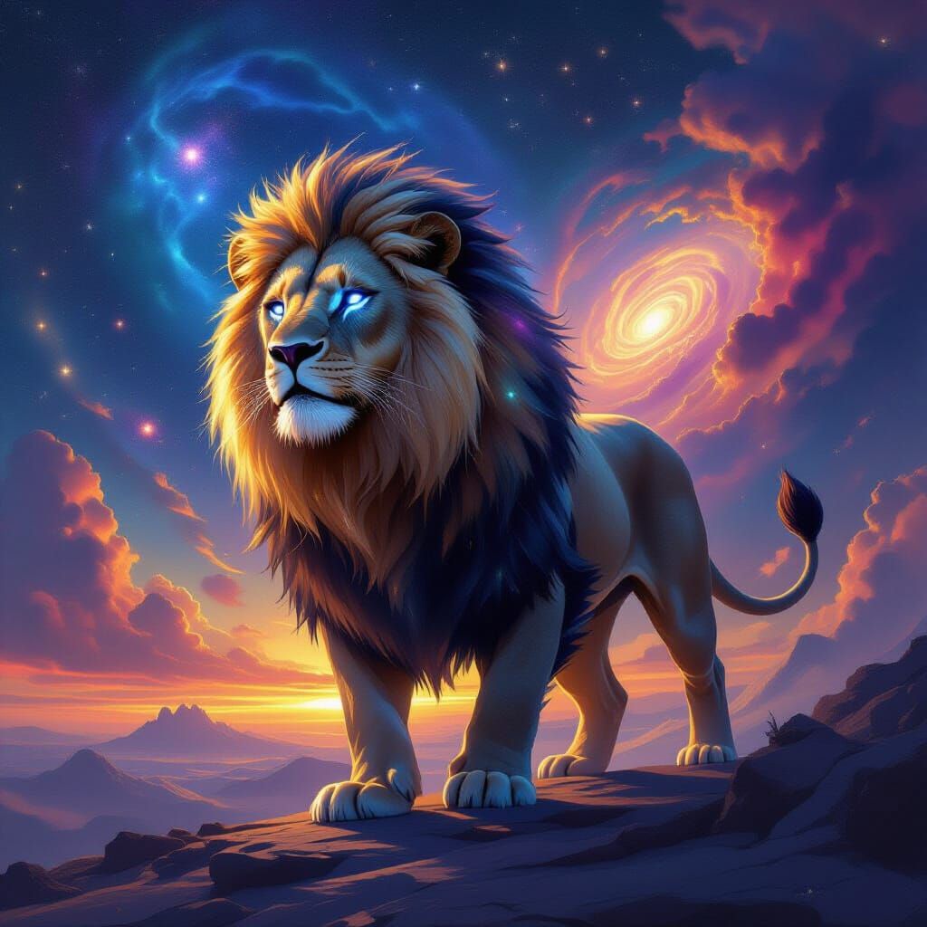 Cosmic Lion of Stardust and Nebulae in Digital Painting
