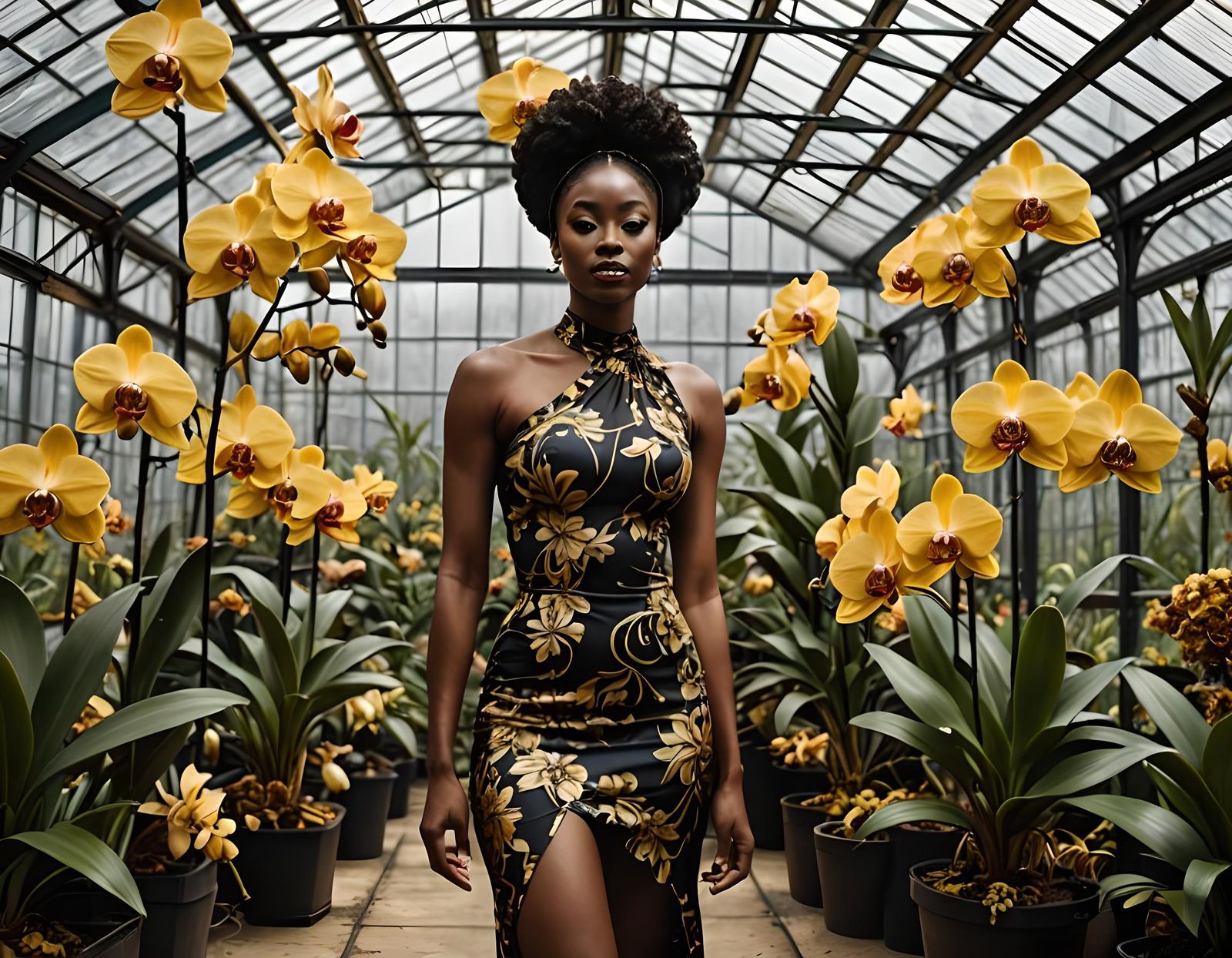 Nude Black Woman with Black and Gold Orchids