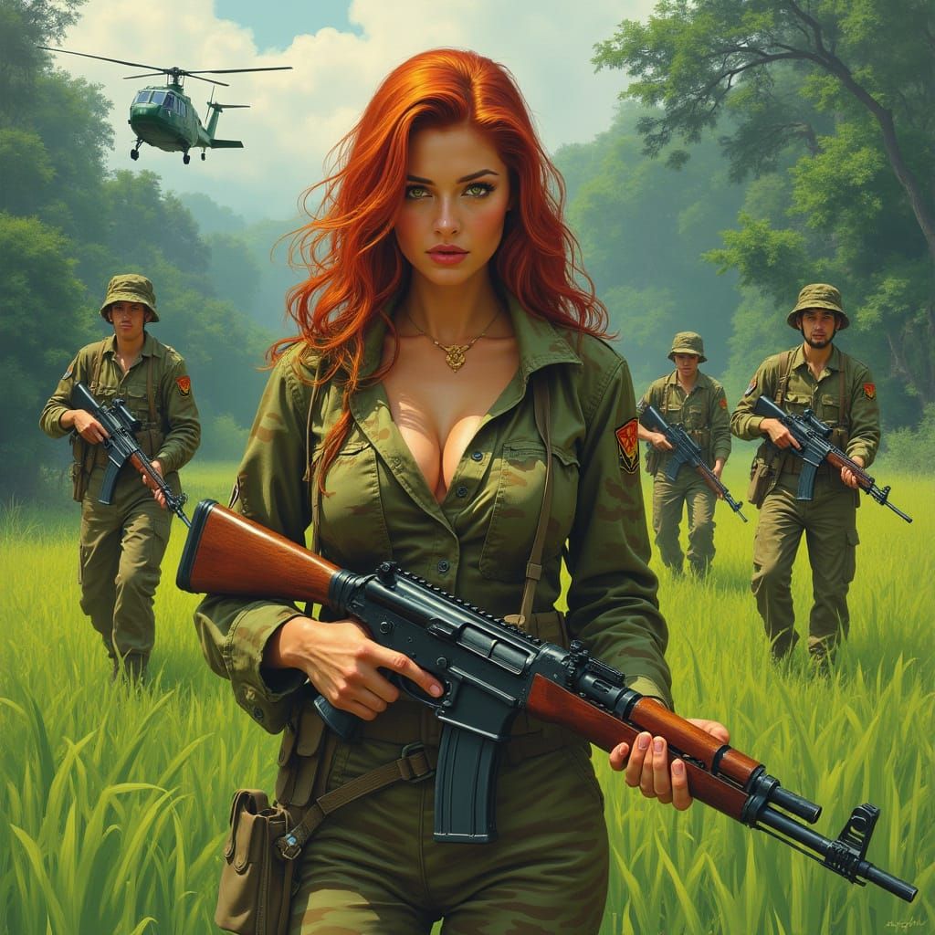 Woman with M-14 Rifle in Vietnam Landscape