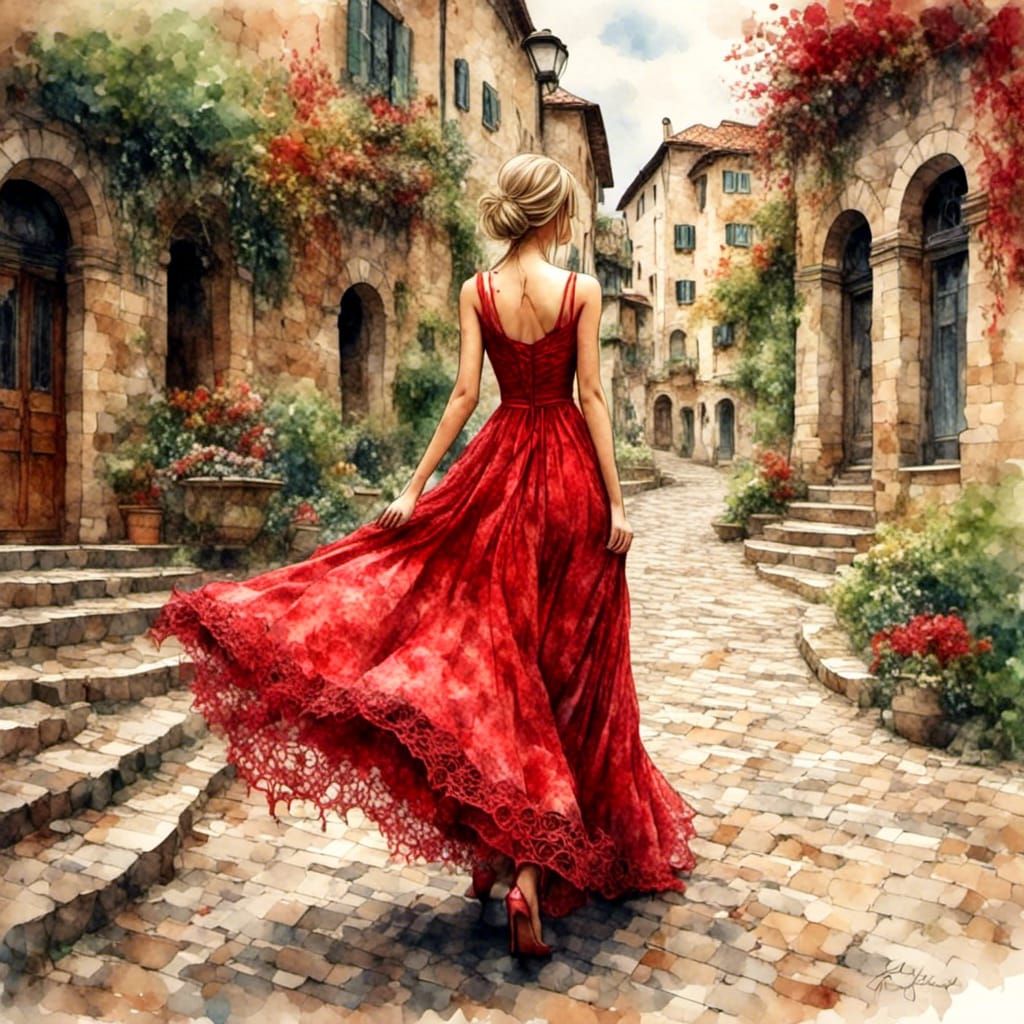 Stunning Woman in Red Dress on Cobblestone Path