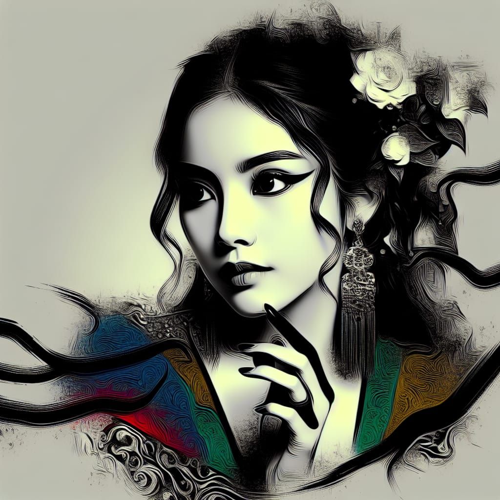 Hispanic Woman in Chinese Ink Painting Style