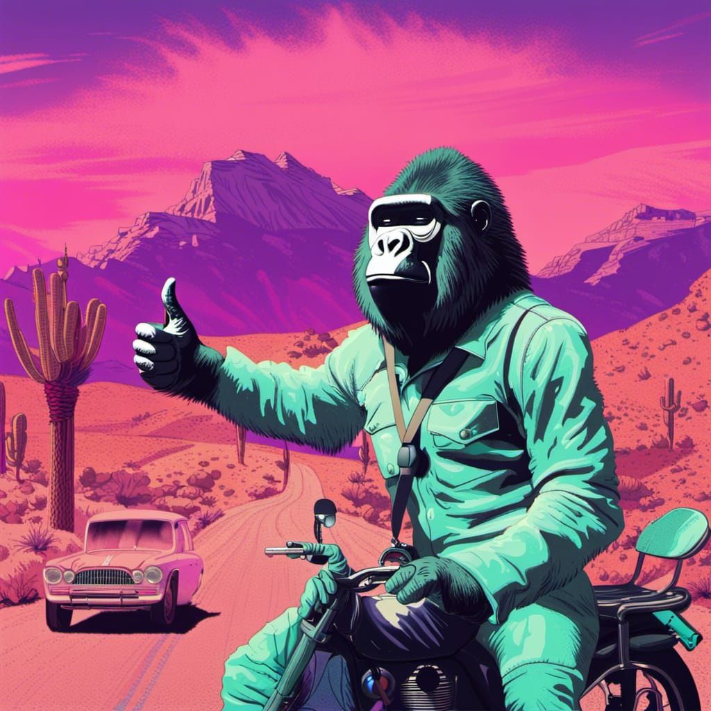 Gorilla Hitchhiker in Nevada: Vaporwave Style