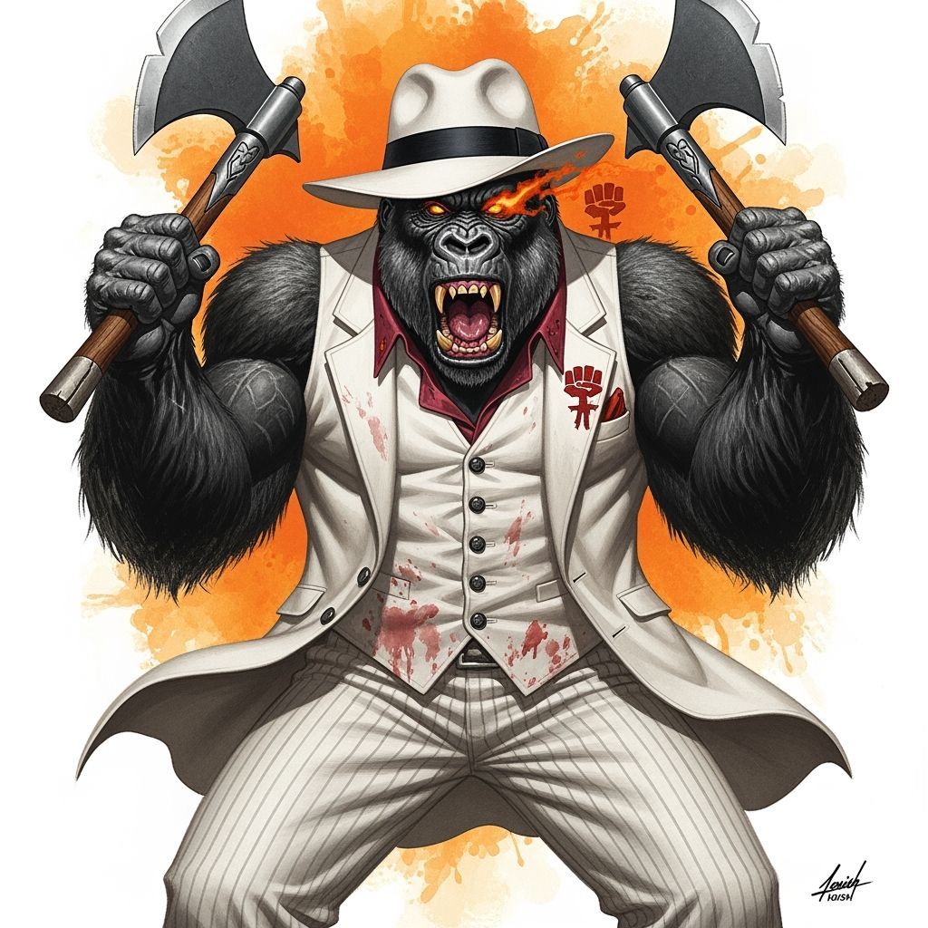 Gorilla in White Suit with Axes