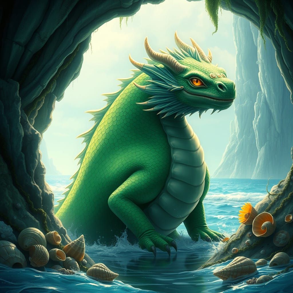 Serenely Glowing Emerald Dragon in Seaside Cave