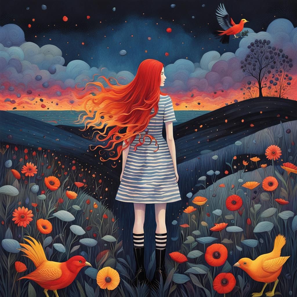 Ethereal Woman and Bird, Shaun Tan Style Illustration