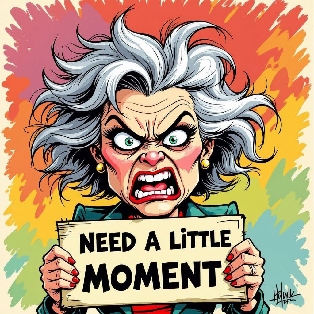 Angry Woman Holding 'Need a Moment' Sign in Cartoon Style