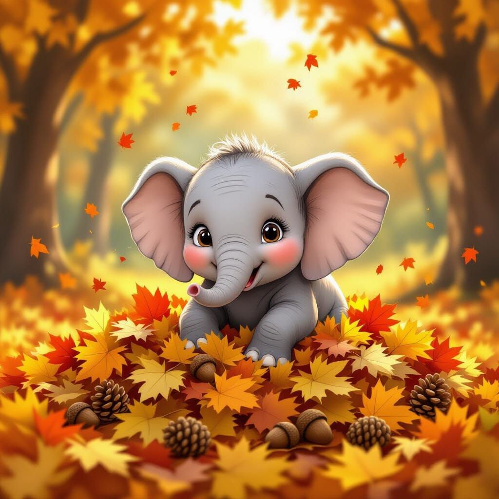 Baby Elephant Playing in Autumn Leaves CGI Cartoon