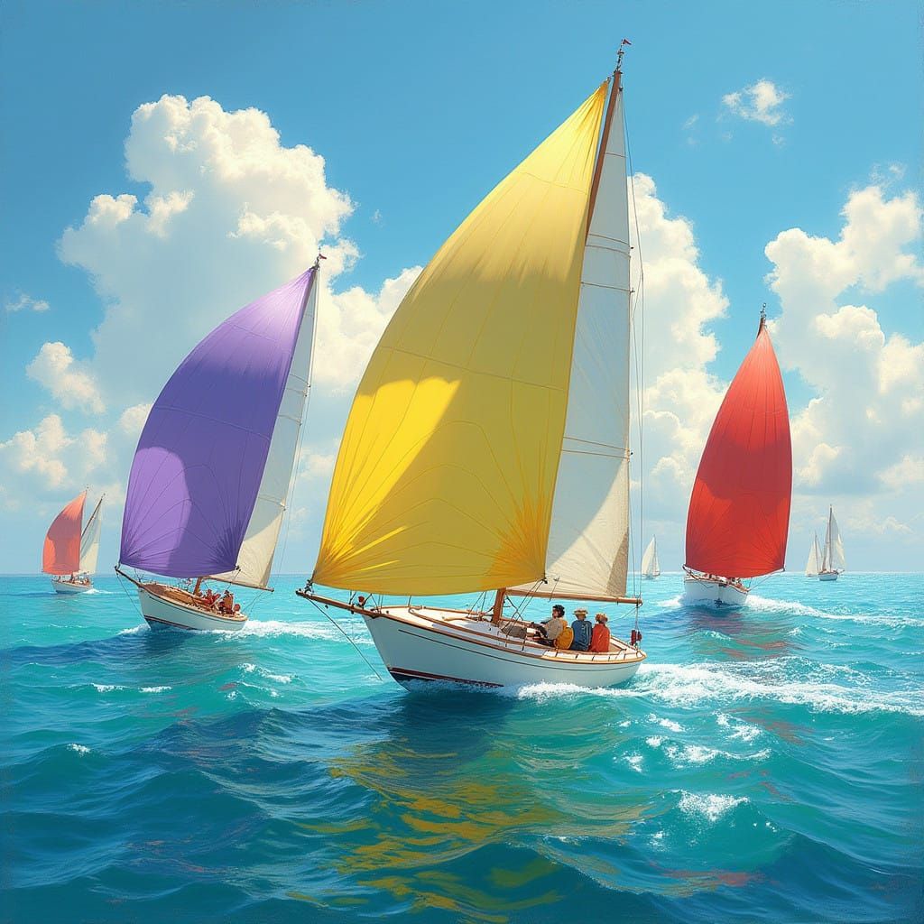 Sailboats Dancing Across Turquoise Waters in Impressionist S...