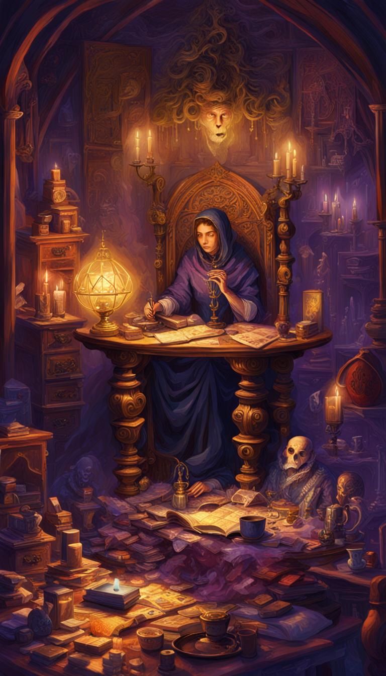 Mystical Tarot Reader in Dark Fantasy Chamber