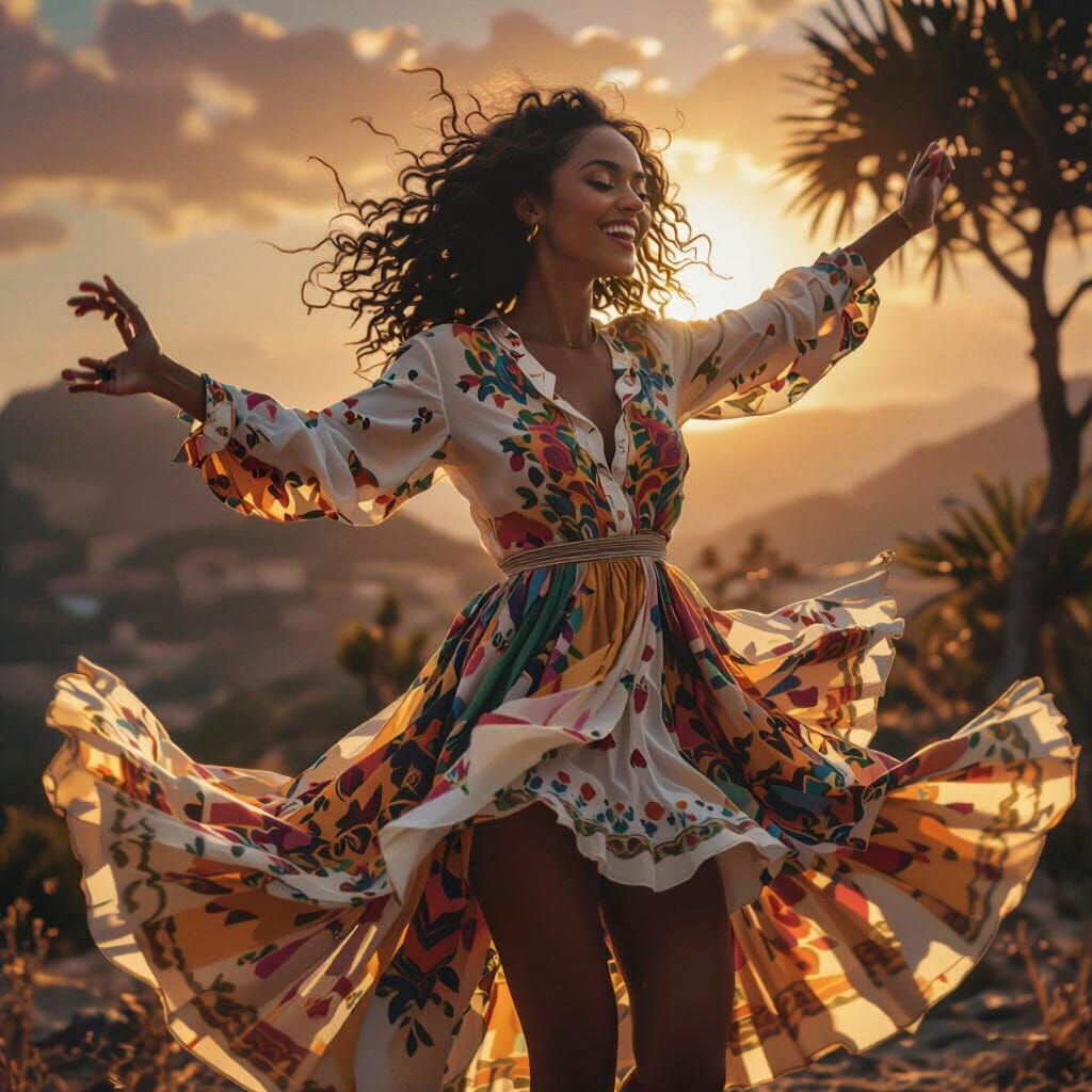 Woman Dancing at Sunset with Golden Light
