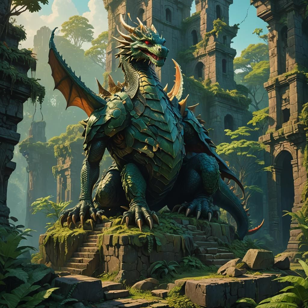 Armored Dragon on Ancient Jungle Ruins