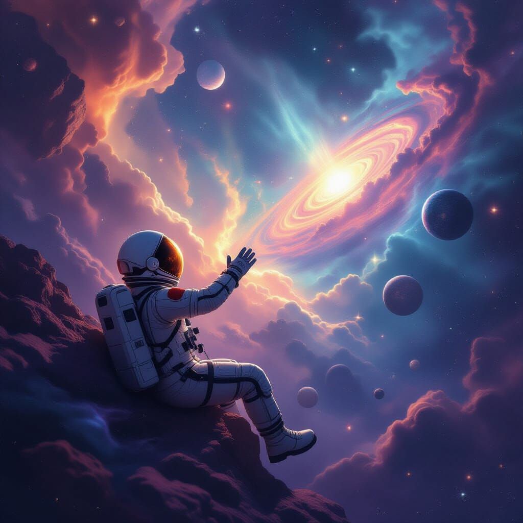 Astronaut Reaches for Planet in Cosmic Nebula