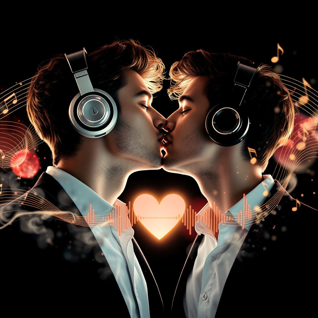 Hyperrealistic Double Exposure: Lovers Kissing with Music