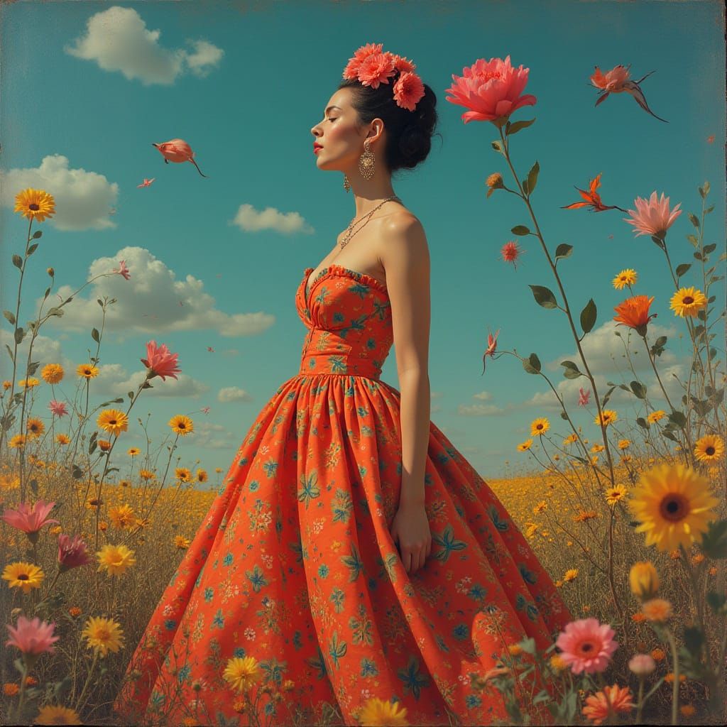 Woman in Floral Dress: A Surrealist Portrait