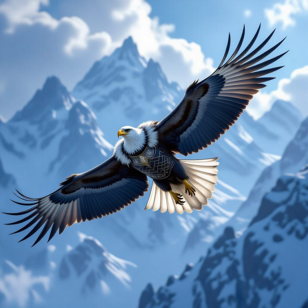 Majestic Eagle in Skyrim Armor Soars Over Snowy Mountains