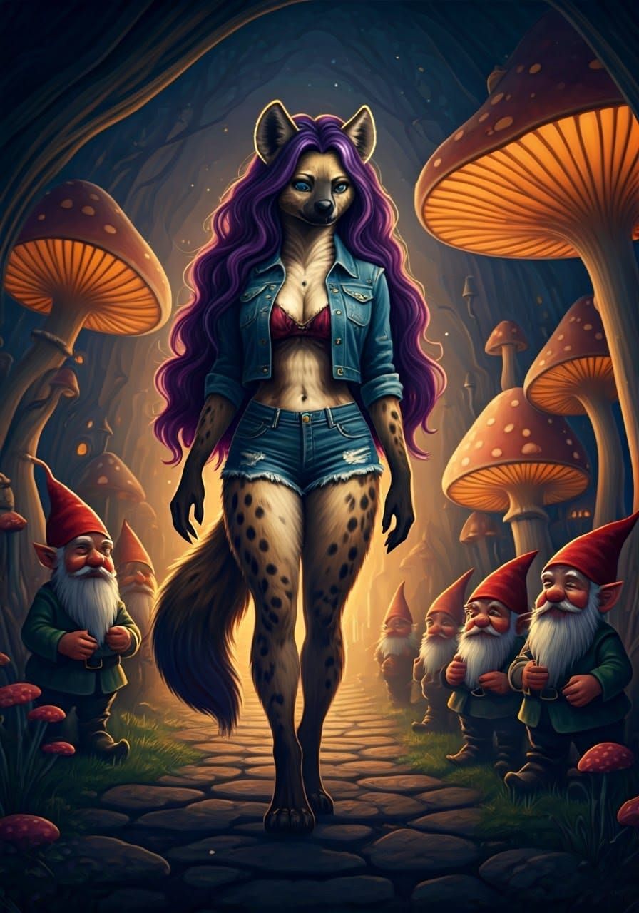 Whimsical Gnomes Worship a Mysterious She-Hyena in Hyperreal...