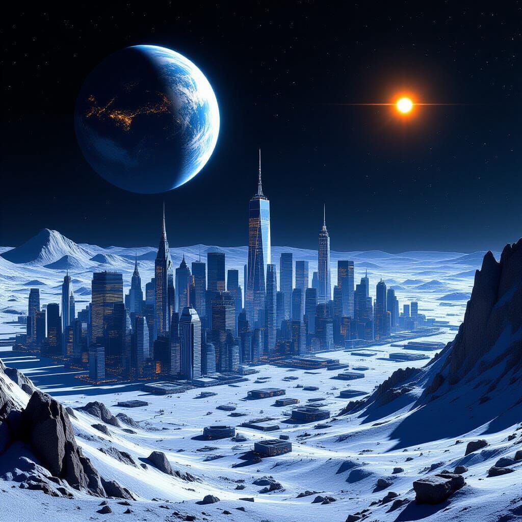Lunar Cityscape: New York on the Moon in Sci-Fi Style