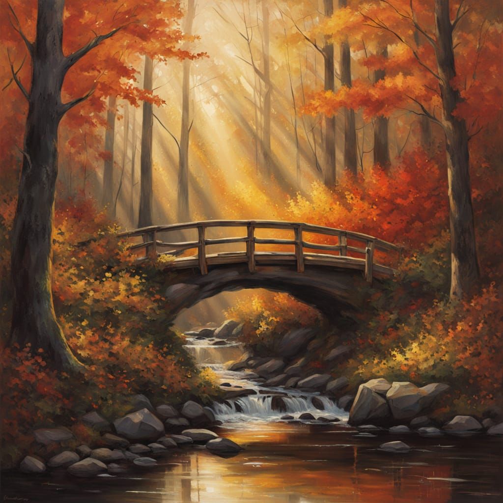 Autumn Forest Bridge Oil Painting with Dappled Sunlight
