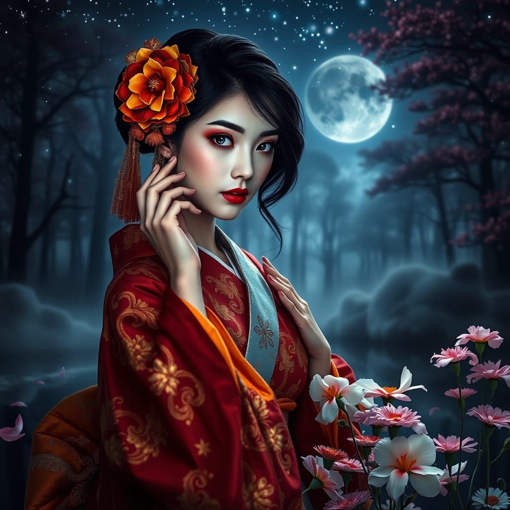 Ethereal Geisha in Dark Fantasy Realm