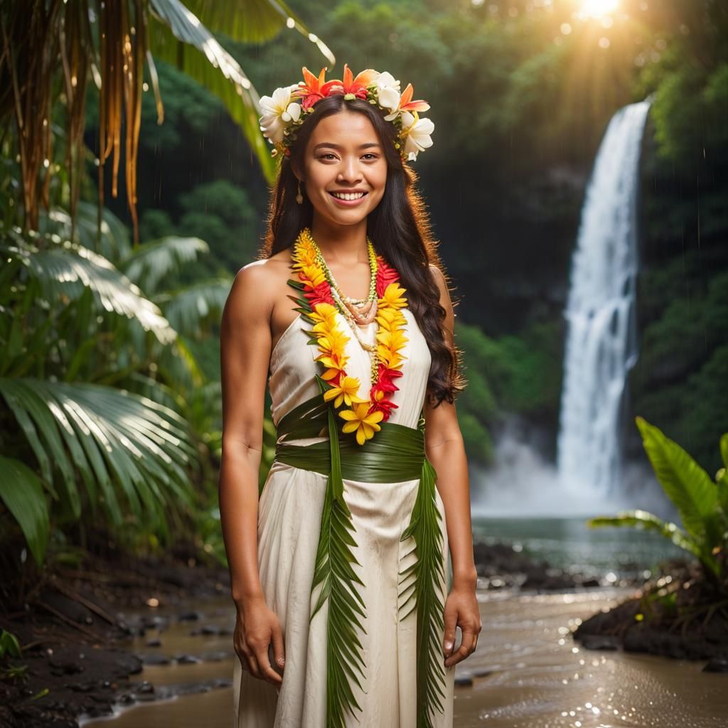 Hawaiian Woman in Traditional Costume at Sunset