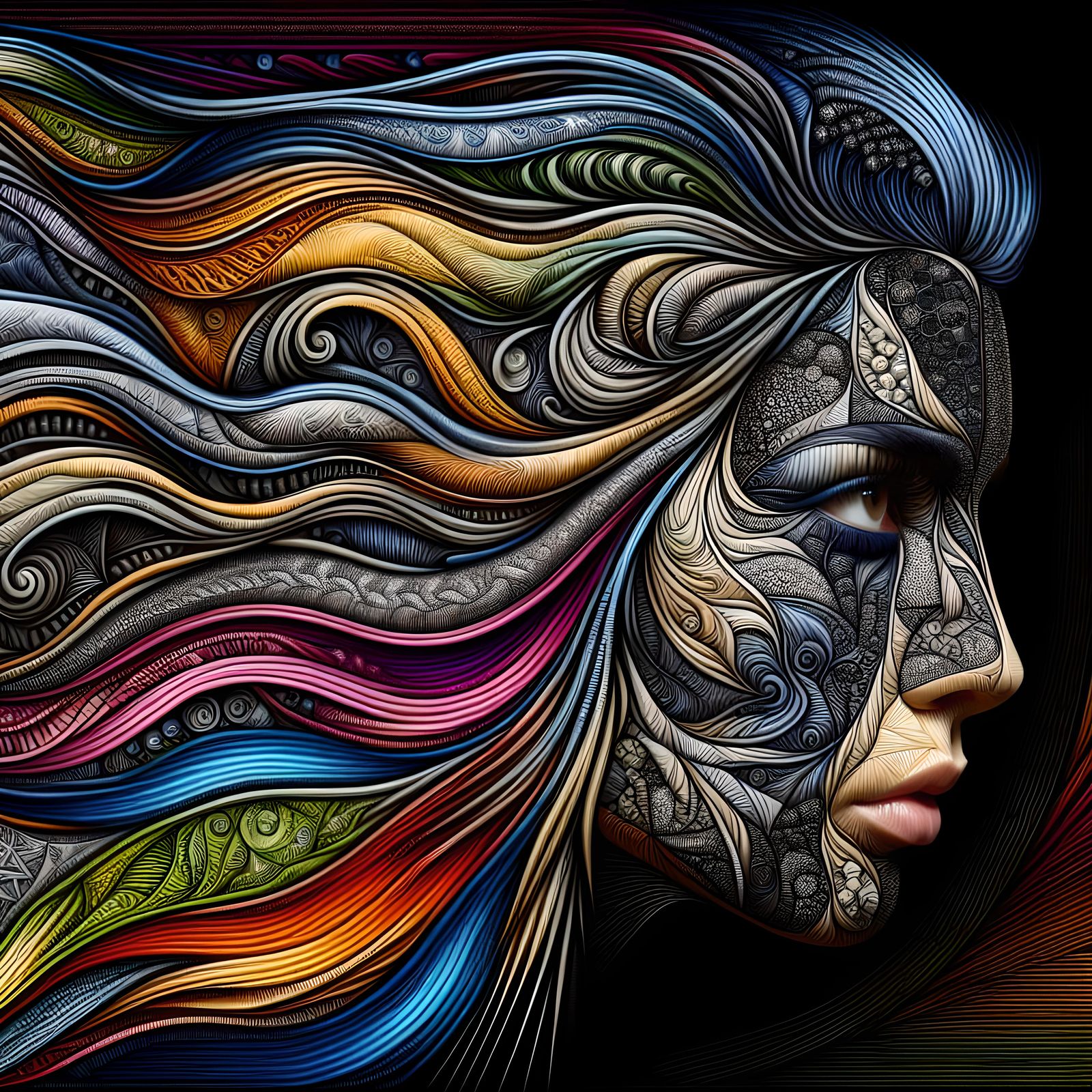 Patchwork Woman's Face in Colorful Fabric Art