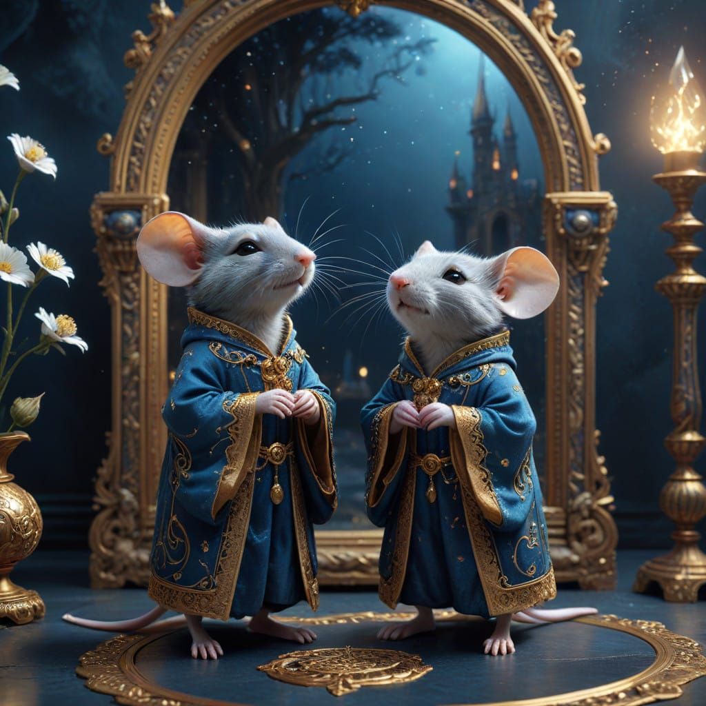 Mystical Mice in Enchanted Blue Robes Before Ornate Mirror