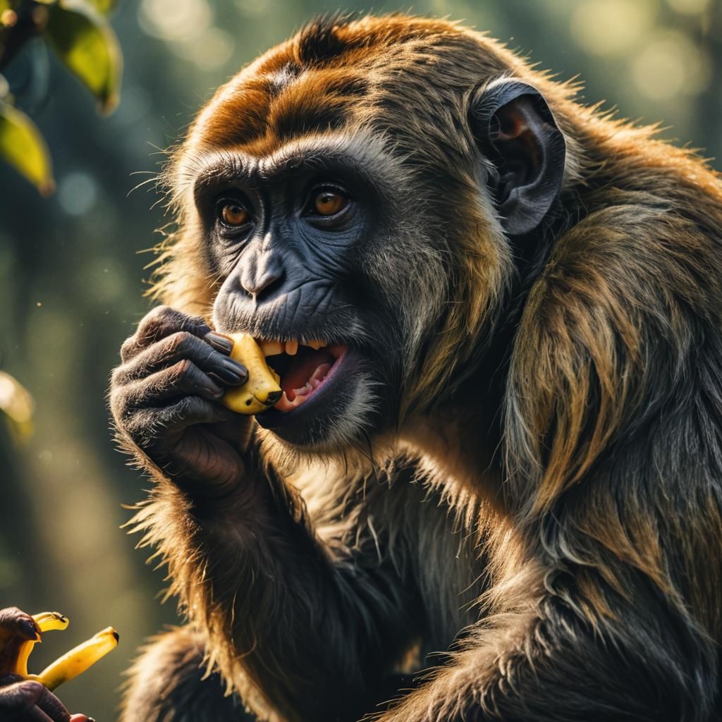 Cinematic Close Up of Monkey Eating Banana