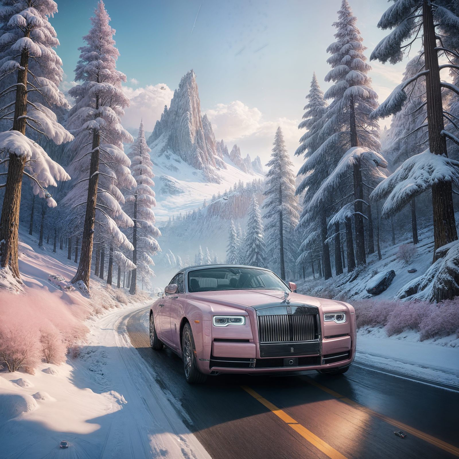 Pink Rolls-Royce Sweptail Speeds Through Snowy Fantasy Lands...
