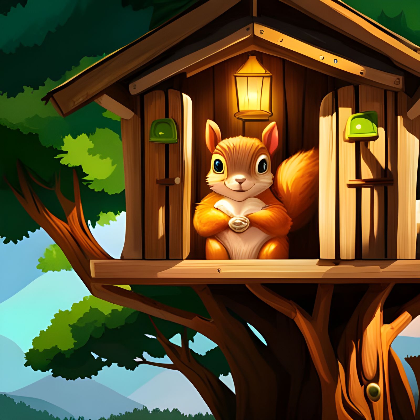 Adorable Squirrel in Rustic Treehouse, Anime Style