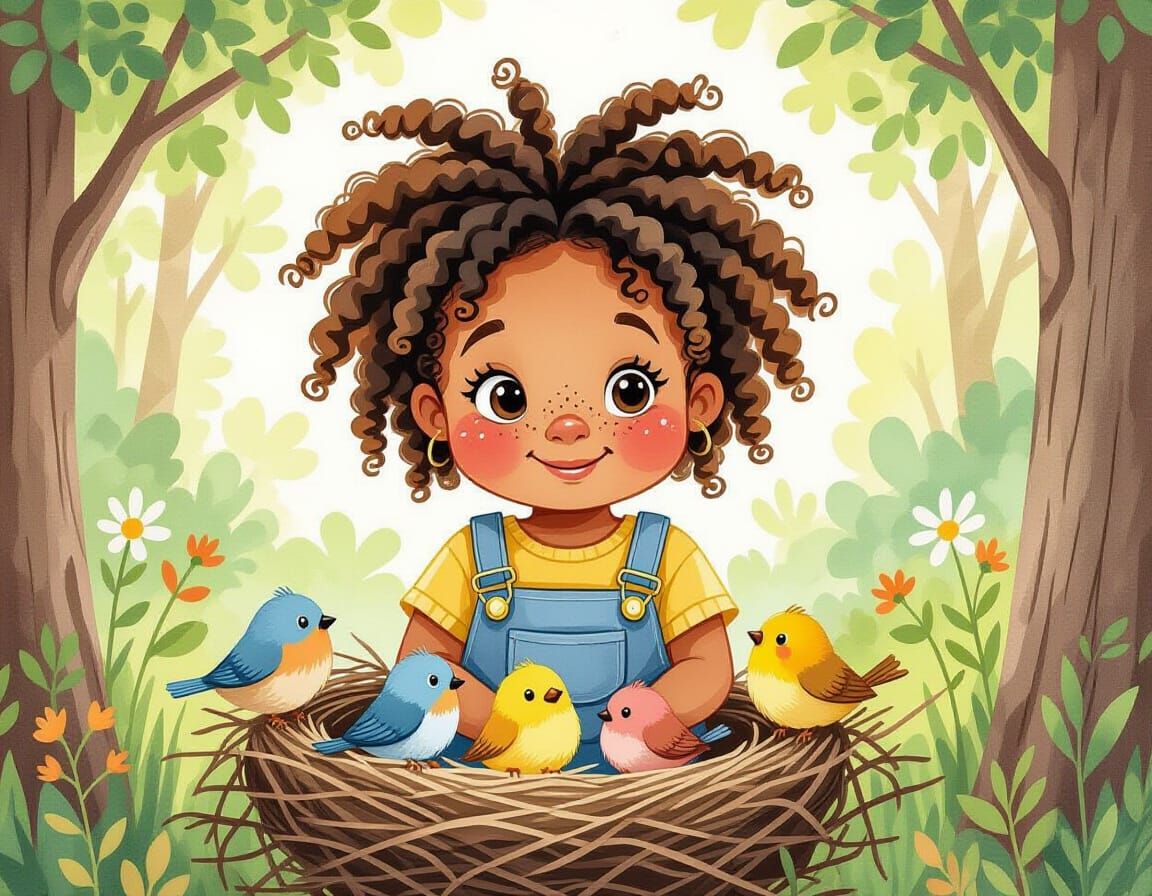 Girl Finds Bird's Nest: Watercolor Illustration