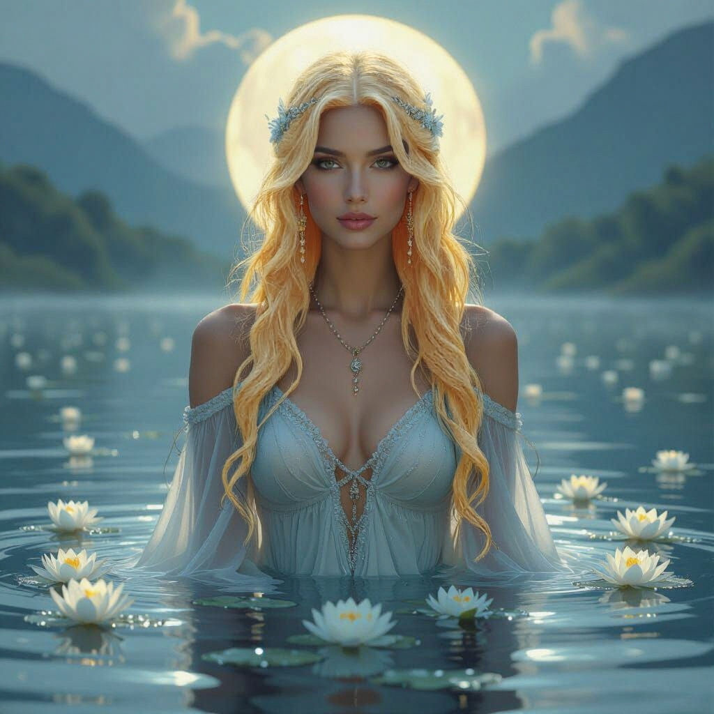 Celtic Goddess Rising from Misty Loch, Art Nouveau Style