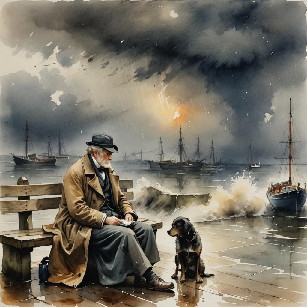 Dockside Bench in Storm: Watercolour by Turner