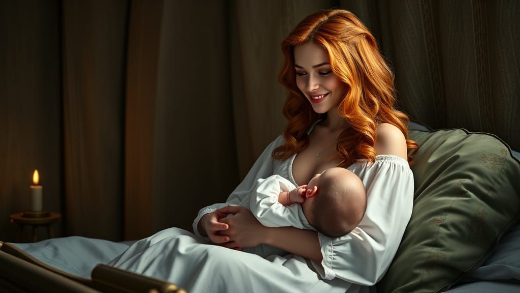 Medieval Mother Gently Holds Her Newborn in a Fantastical Be...