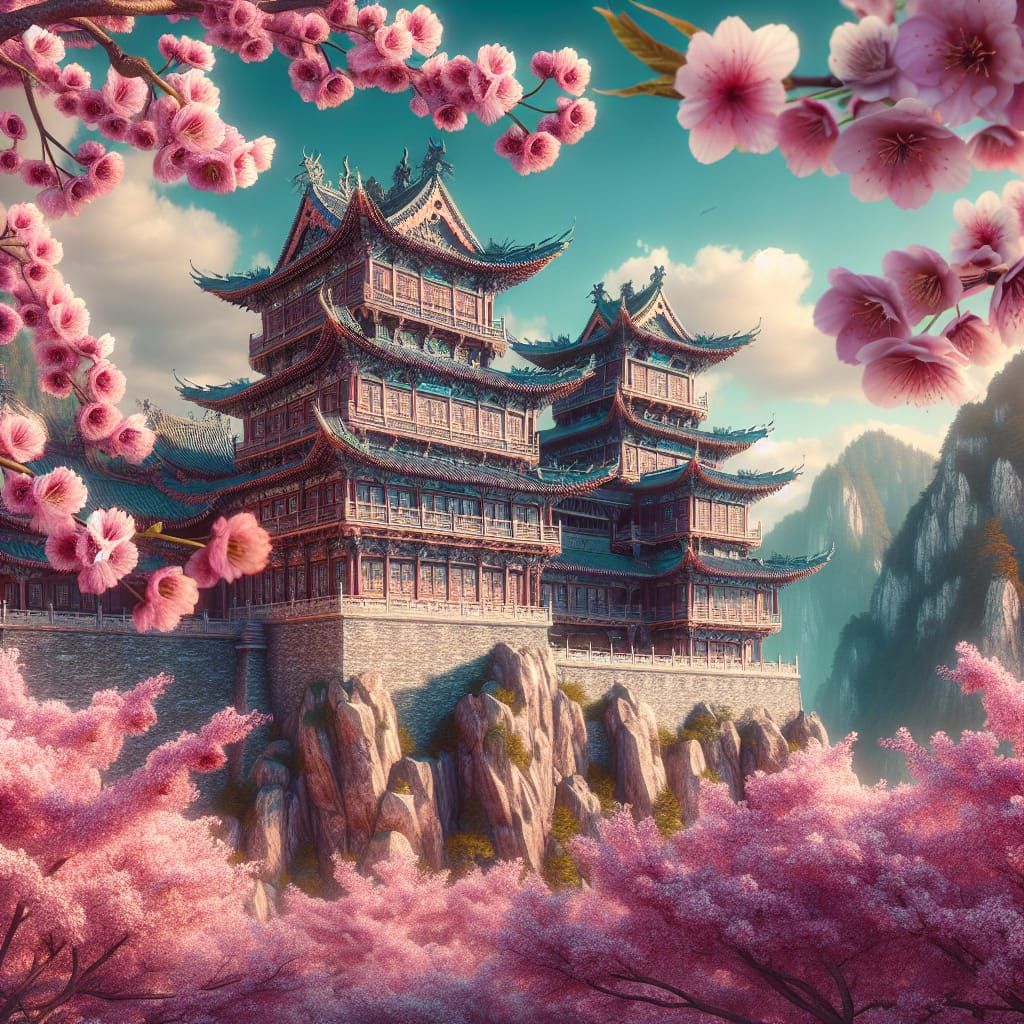 Ancient Chinese Castle Blossoms in Vibrant Bloom