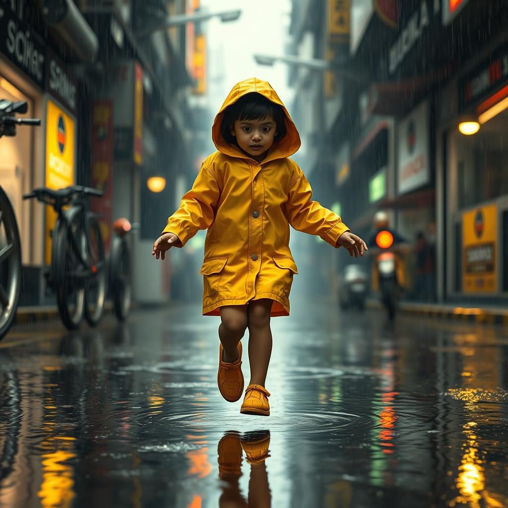 Joyful Child Dances in Futuristic Rainy Street
